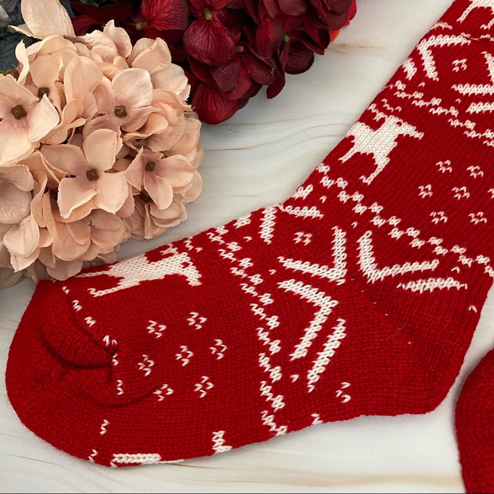 Sexy Over the Knee Red Knit Reindeer Snowflake Socks with Pom Poms - Picture 10 of 15